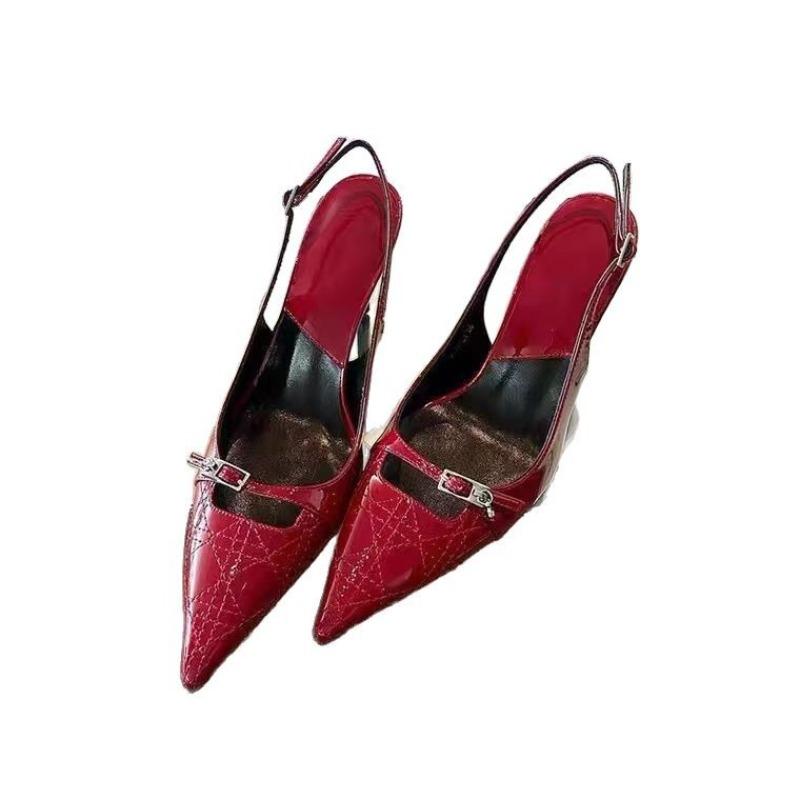 Fashion 2025 New Summer Women's Dress Shoes Patent Leather Slip on Pointed Toe Sandals Buckle Slingbacks Mid Heels Pumps Sandalias Mujer