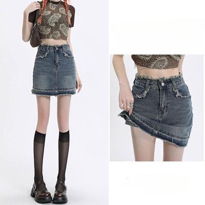 Saia Bustiê A-line Barra Desfiada Charme Único Versátil Retrô Pacote Quadril Tamanho Grande Fina Casual Cintura Alta Saia Moda Verão Feminina Saia Jeans Curta