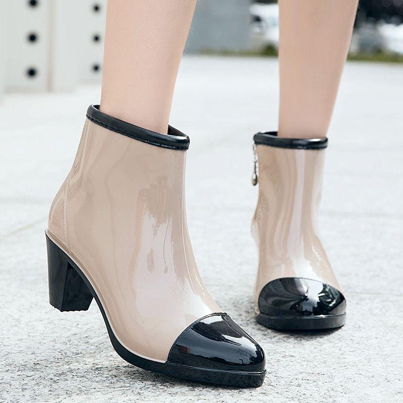 Rain Boots Luxury Designer Women Chunky Heels Rubber Shoes Waterproof Pvc Garden Work Galoshes Ankle Boot Rainshoes Footwear