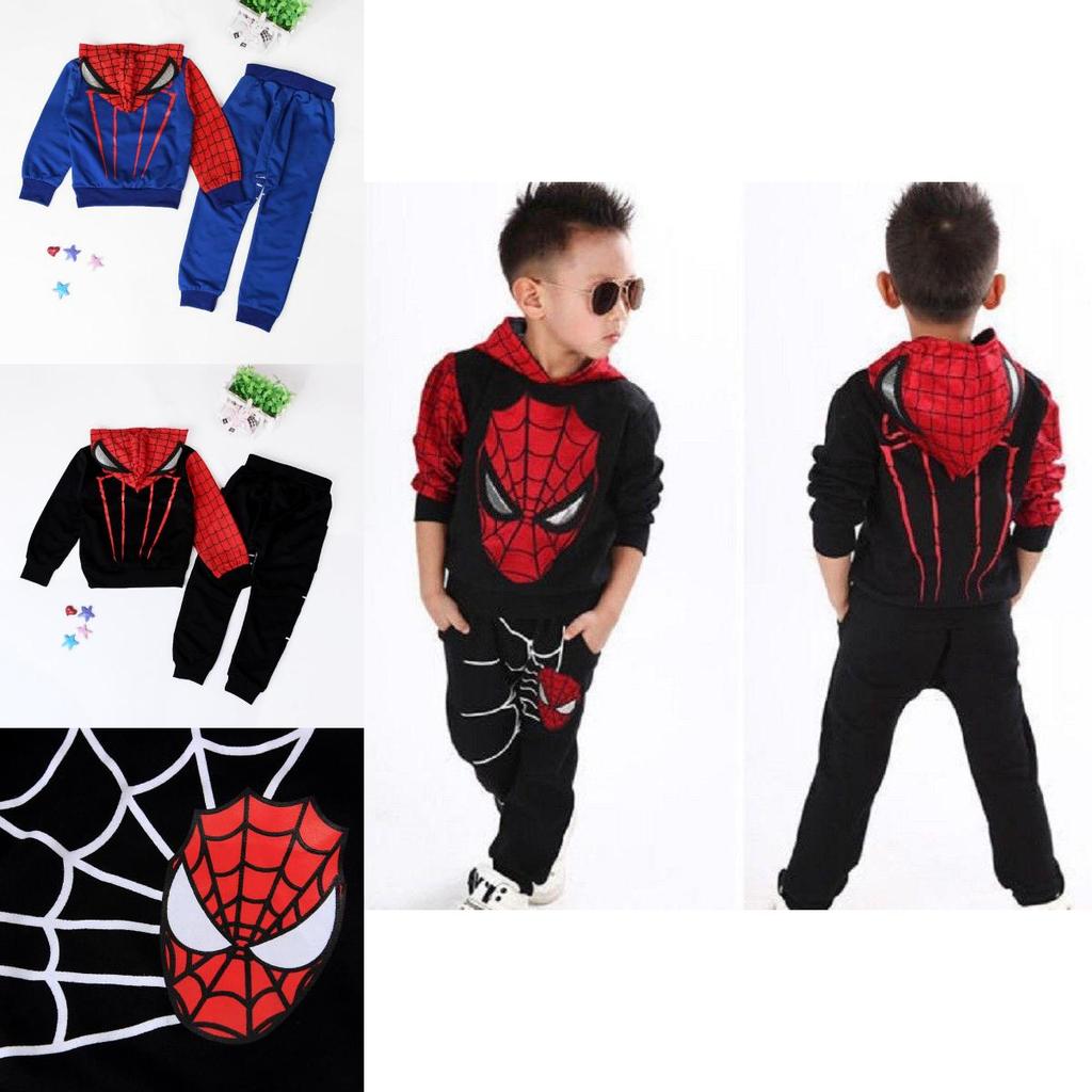Jarní 2ks Dětské Chlapecké Mikiny Spiderman Top Kalhoty Outfit Set