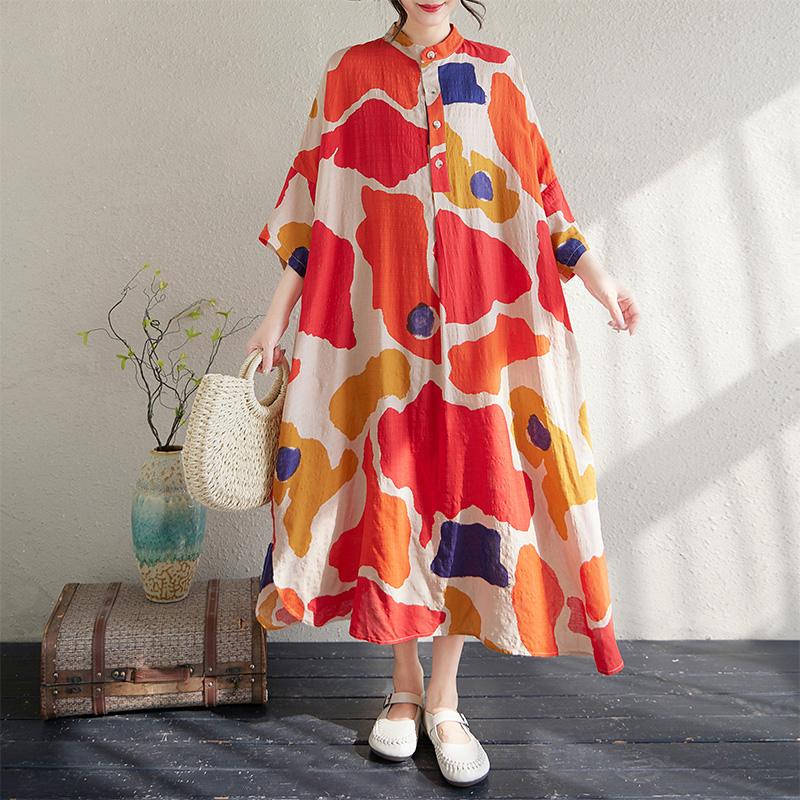 

Dimanaf 2025 Лето Женщин Плюс Размер Длинное Платье Винтаж Печать Пуговицы Повседневный Свободный Оверсайз Платье Новое One Size красный