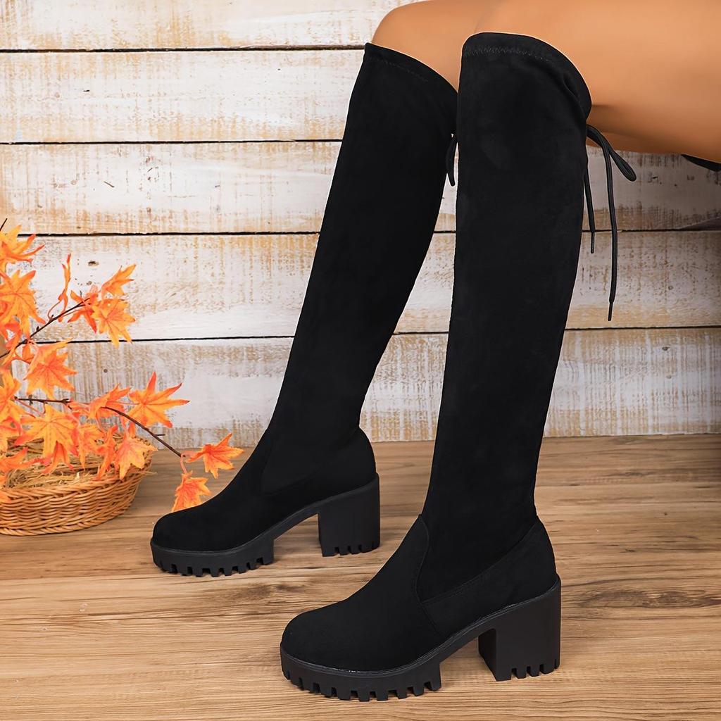 Elegant Black Lace-Up Over-the-Knee Women's Boots for Autumn/Winter