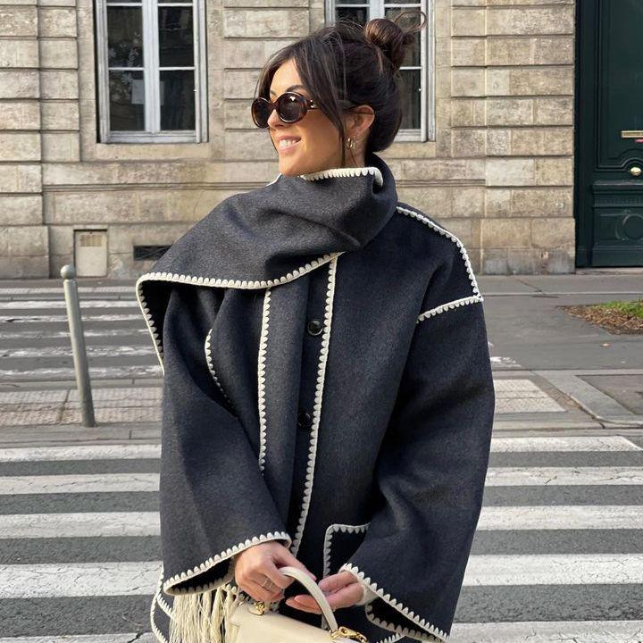 European and American Women's 2023 Autumn/Winter Woolen Coat with Scarf Tassels - Thickened and Loose Fit