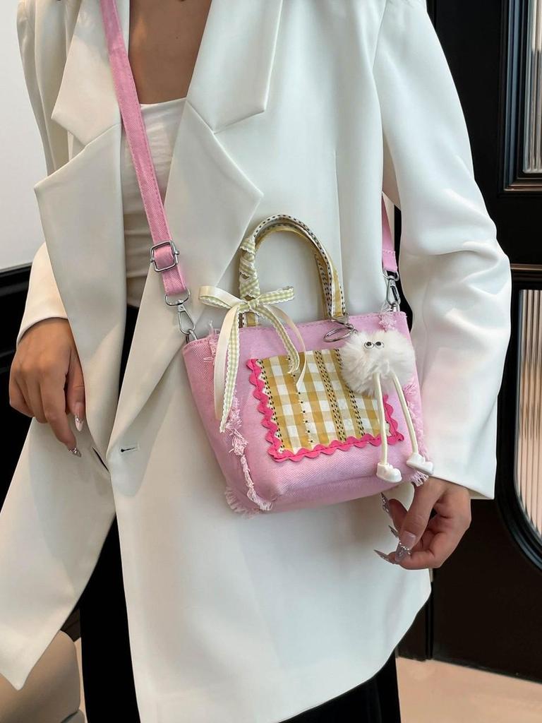 Korean Style Plaid Lace Bucket Handbag - Cute Bow Crossbody