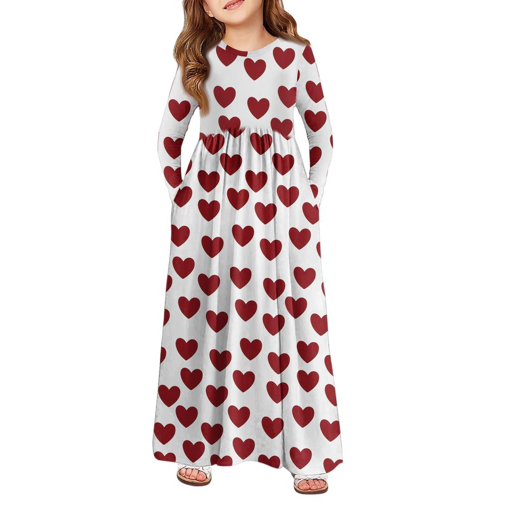 Mädchen Maxi Kleid - Langarm Taschenkleid Valentinstag