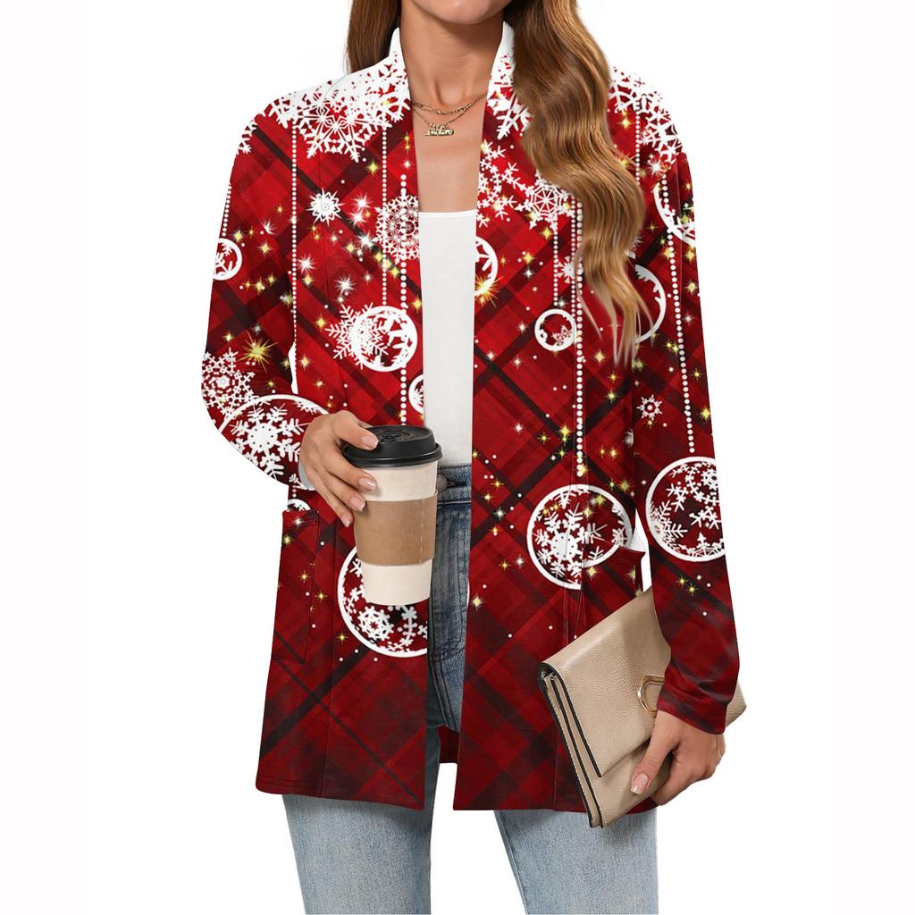 Women's Christmas Printed Lightweight Cardigan Long Sleeved Casual Loose Thin Fit With Pockets Cardigan Jacket