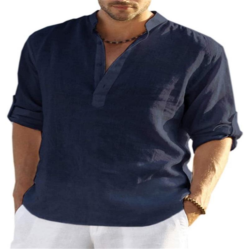 Men's Casual Cotton And Linen Solid Color Long-sleeved Shirt Loose Stand-up Collar Shirt Men