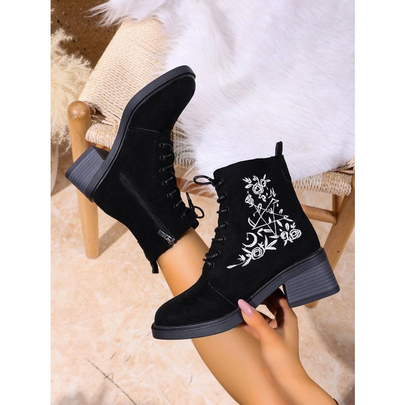 Vintage Embroidered Mid-heel Martin Boots Women's Fall 2025 New Plus-size Block Heel Side Zipper Booties