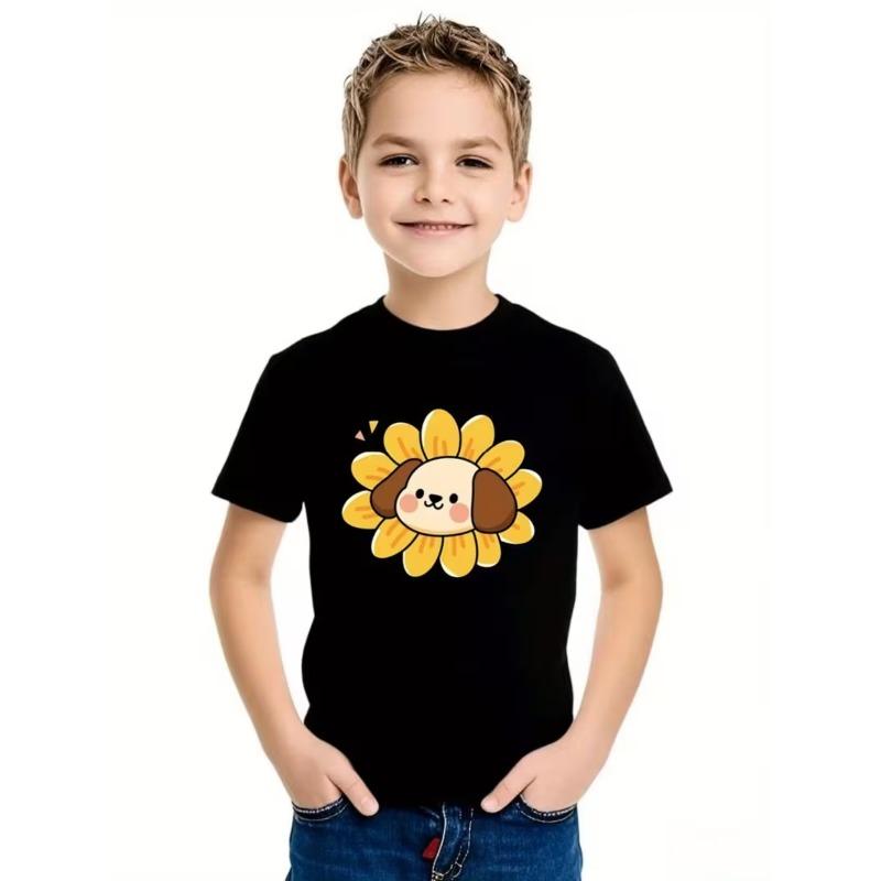 

European size Boys round-neck short-sleeved T-shirt with sunflower and puppy head pattern print 98cm чёрный