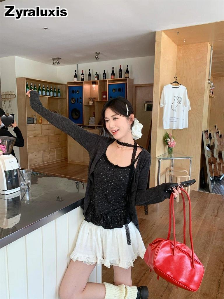 Pure Desire Style Temperament Fashion Set Women Autumn Gentle Wind Long Sleeve Cardigan Ruffled Edge Polka Dot Camisole Top