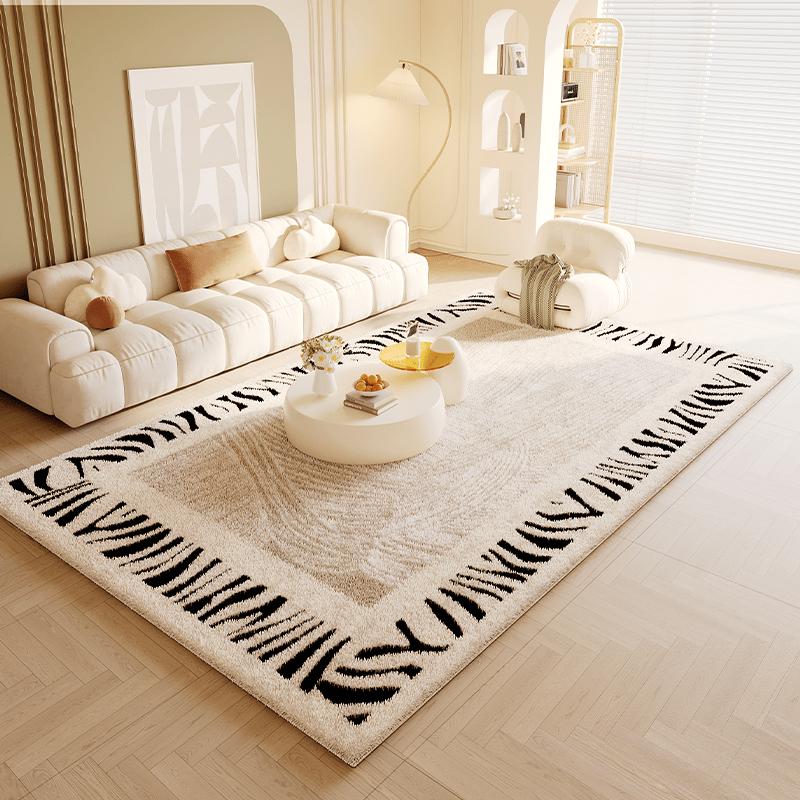 Luxurious Faux Cashmere Area Mat Non-Slip, Irregular Shape, Soft & Fluffy, Black & White Striped Design for Living Room or Bedroom Decor