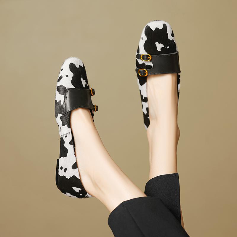 Fashion 2025 New Size 34-40 New Spring Autumn Women Pumps Round Toe Chunky Horsehair Leopard Shoes Concise Flats Comfortable Black Soft