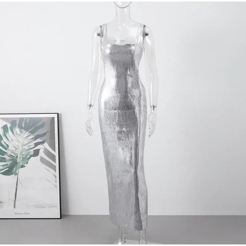 Sexy Sequins Backless Slip Maxi Dress Women Sleeveless Bodycon Hip Package Dresses Summer Party Evening Robe