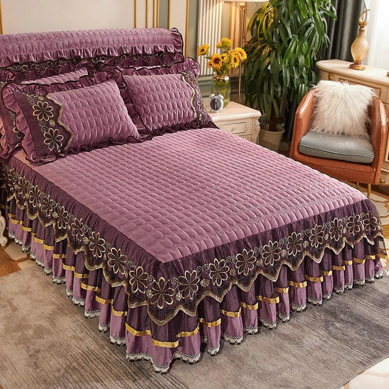 Europäische Luxus Tagesdecken Königin König Größe Prinzessin Kristall Samt Königin Bettwäsche Set Spitze Bett Rock Verdickt Warme Bettdecke