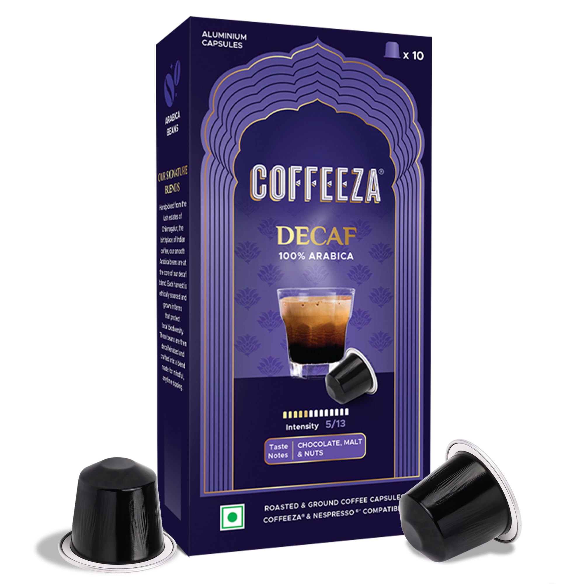 Coffeeza Decaf Coffee Capsules | 100% Arabica Coffee | A-Grade Beans from Chikmagalur | Single-Estate | Intensity 5 | Box of 1 (10 Capsules)