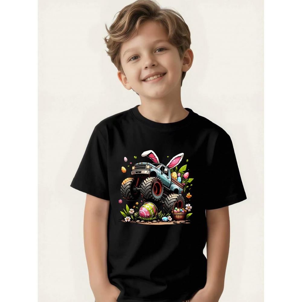 Children's T-shirt Bunny Ears Big Wheel Easter Egg Flower Print Boys Festival Short Sleeve