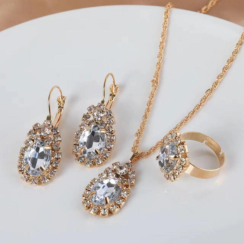 Necklace Earring Ring Three Piece Set Women's Water Droplet Heart-shaped Rhinestone Sets Fashionable Bridal Accessory