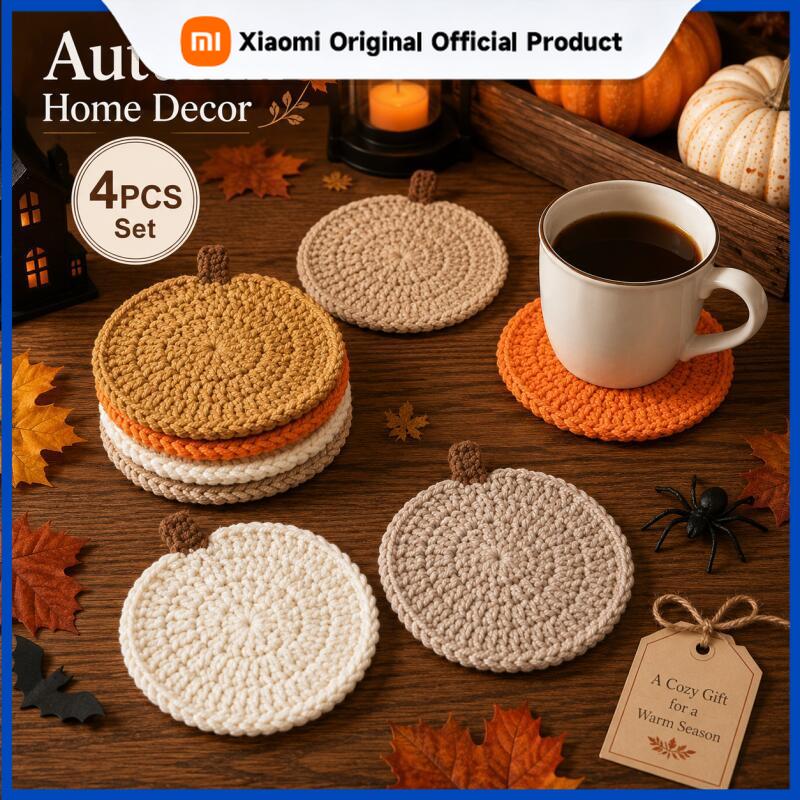 Xiaomi 4PCS Crochet Pumpkin Coasters, Halloween Fall Table Decor Knit Cup Mats for Coffee Mugs