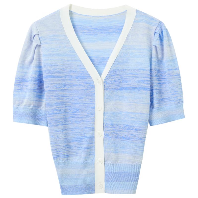 Sancai Women's V-Neck Knit Puff Sleeve Cardigan