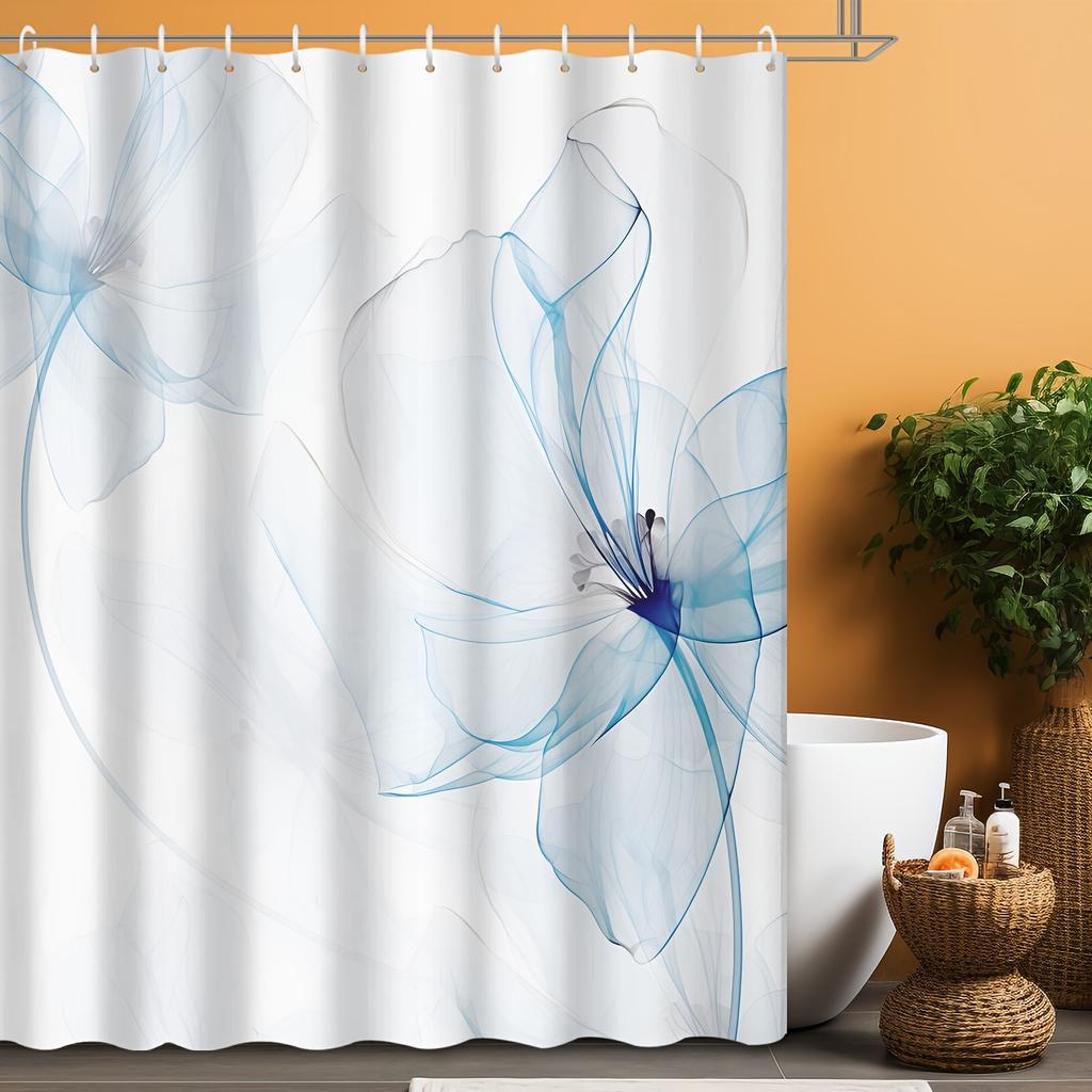 Blue Abstract Flower Shower Curtain Minimalist Design Elegant Bathroom Decor Water Resistant Fabric Bath Curtain Set Modern Home