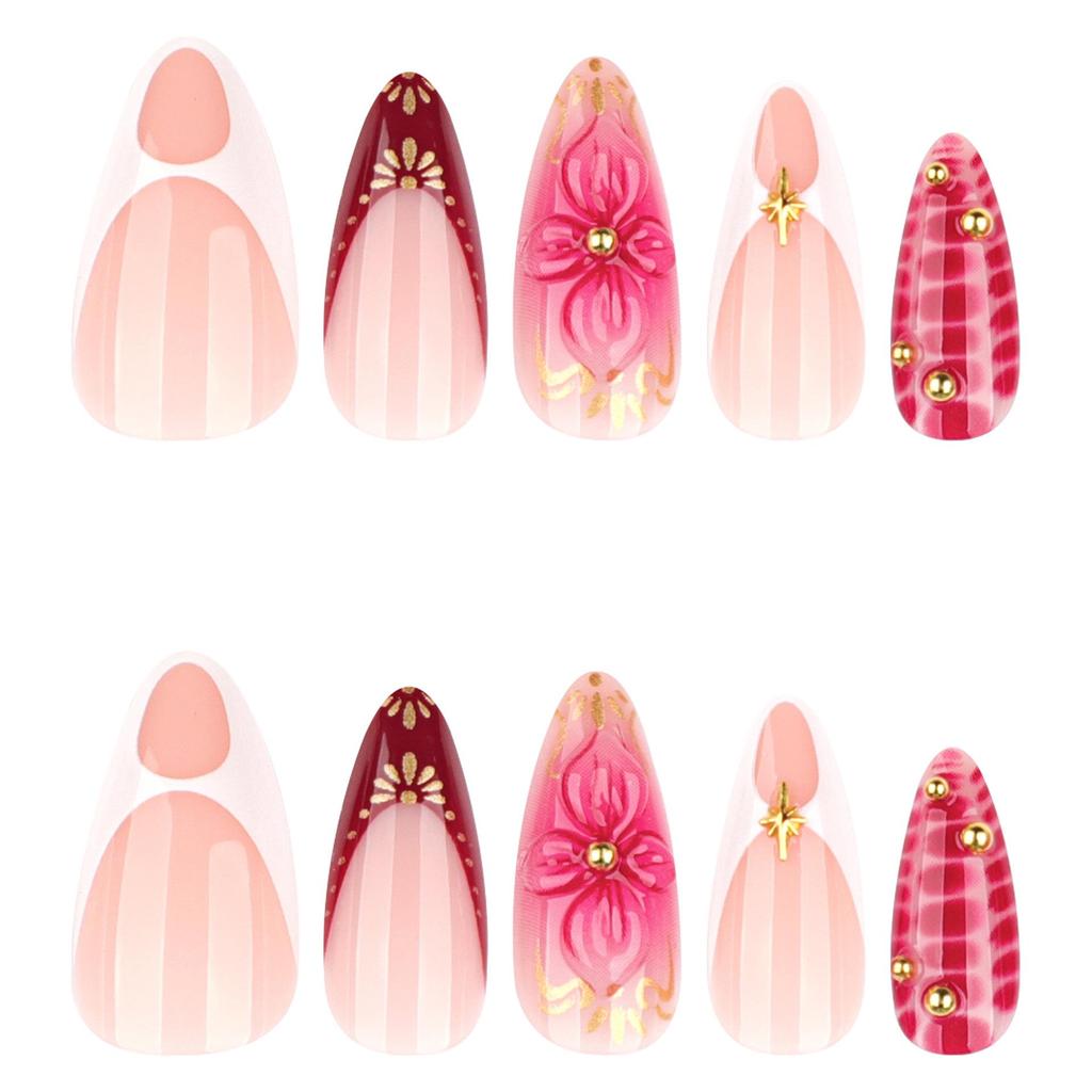 3D Ombre Floral Short Almond Wearable Nails – European & American Style