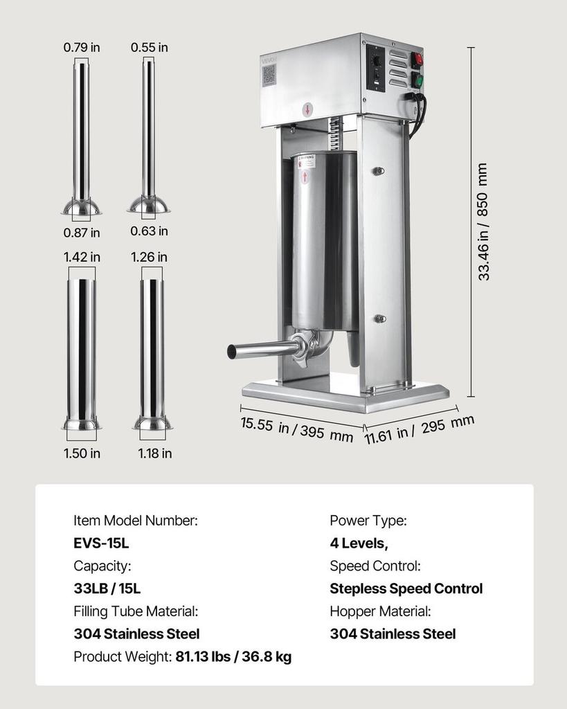 Electric Sausage Stuffer, 33 LBS / 15 L Vertical Meat Stuffer, Stepless Speed Control and Foot Pedal, Stainless Steel Heavy Duty Sausage Filler with 4