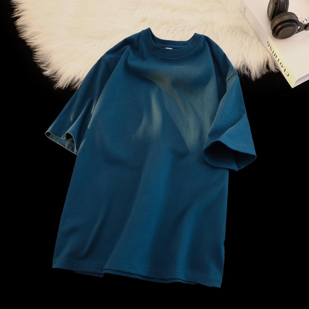 Unisex Japanese Retro Solid Color Round Neck T-Shirt, 300g Heavy Pure Cotton, Casual Short-Sleeve Design.