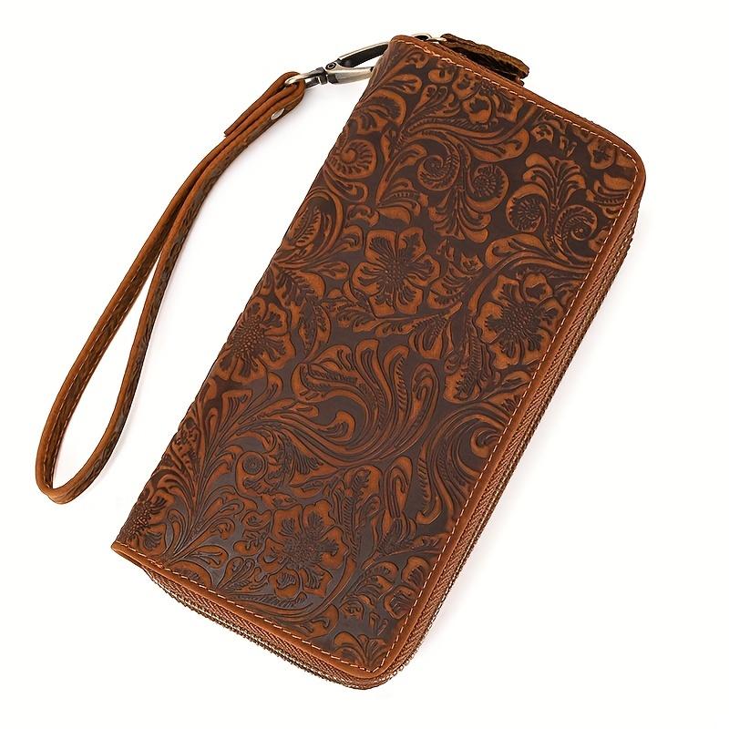 Vintage Herren Echtleder Lange Brieftasche Geprägte Blume Doppel-Reißverschluss Clutch Kartenhalter Brieftasche