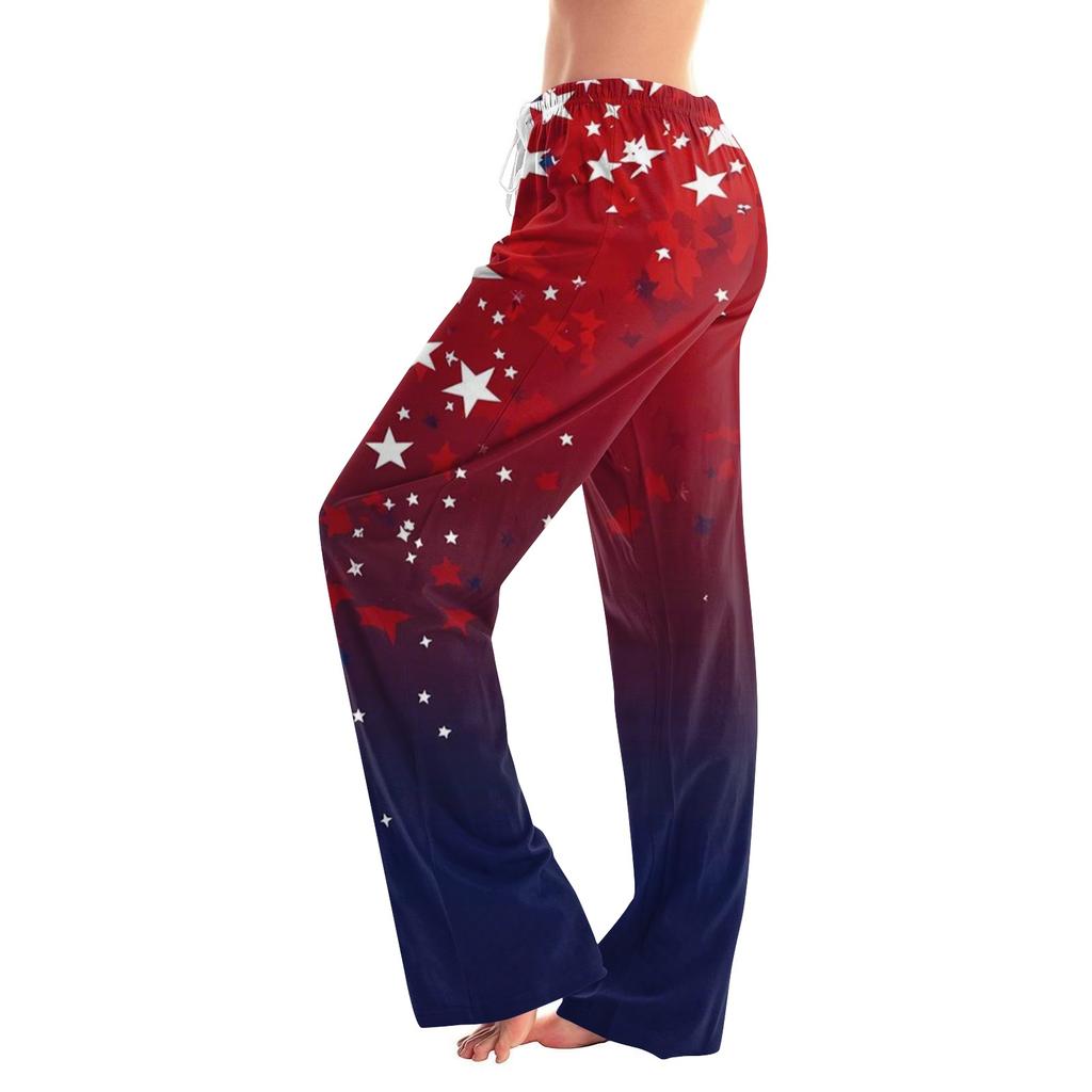 Damen-Hose mit Kordelzug-Taille, lockere Passform, Aufdruck zum Unabhängigkeitstag, lange Hose, lässige entspannte Hose mit Sternenmuster-Design