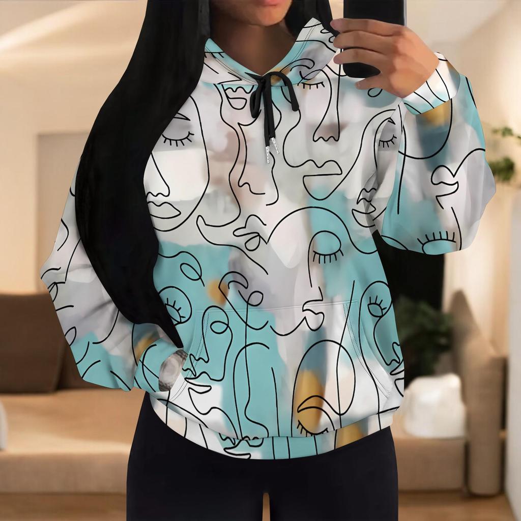 European & American Women's Casual Printed Black Hooded Sweatshirt with Patch Pocket - Drawstring MH612