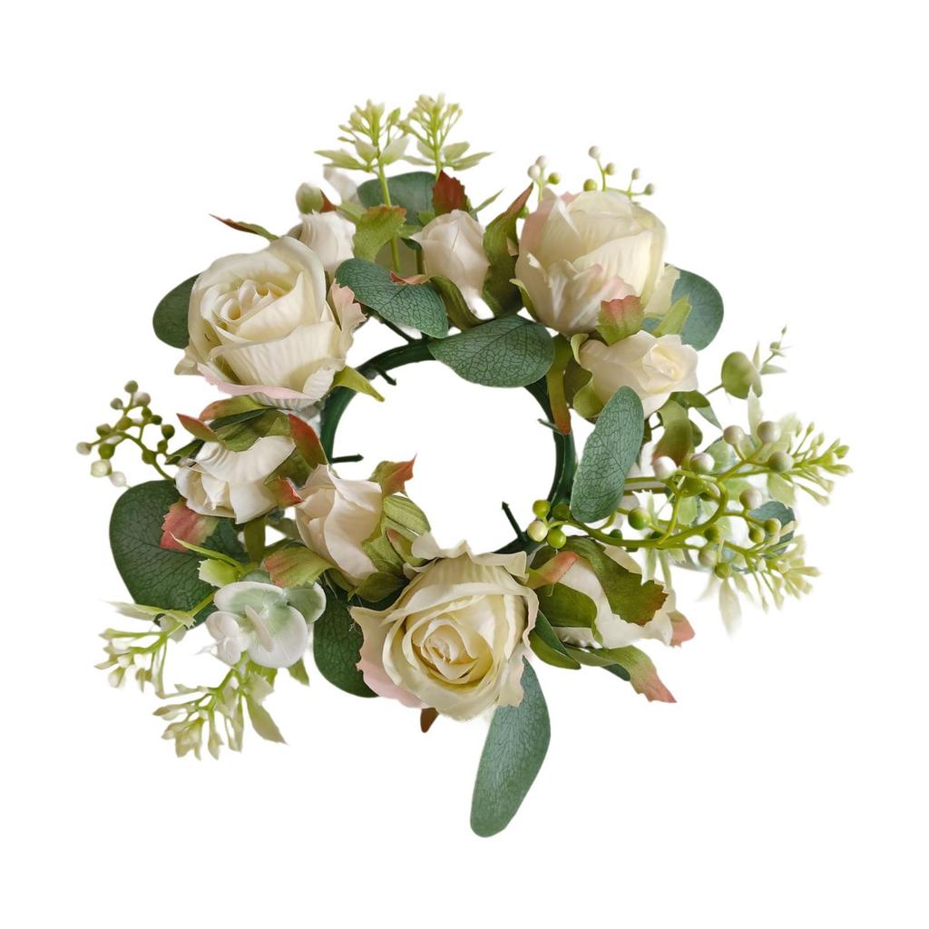 Candle Ring Candleholder Decoration Ornament Artificial Flowers Wreath Candlestick Holder for Tabletop Wedding Front Door