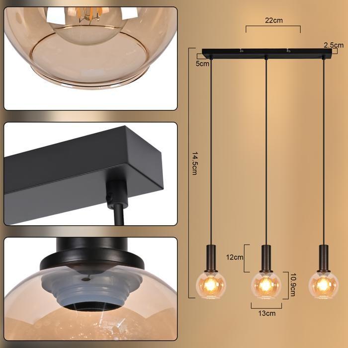 Lampadario in vetro - NETTLIFE - 3 luci - Altezza regolabile - E27 - Metallo Nero