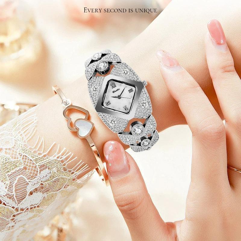 Unique Design Gold Women Bracelet Watches Luxury Elegant Wrist Watches For Ladies Full Diamond Women Quartz Wristwatches