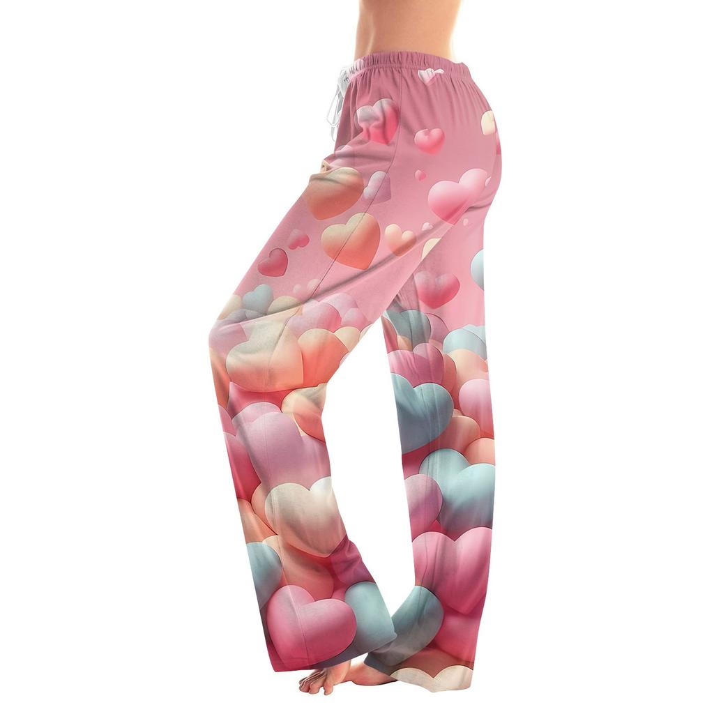 Pantaloni Drepți Casual pentru Femei cu Imprimeu Inimă de Ziua Îndrăgostiților