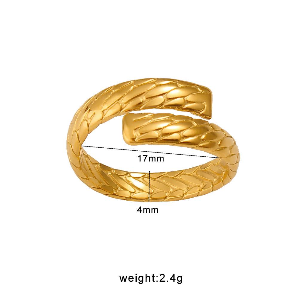 18K Gold Titanium Steel C-shaped Open Ring Bracelet & Earrings Set with Tire Tread Texture