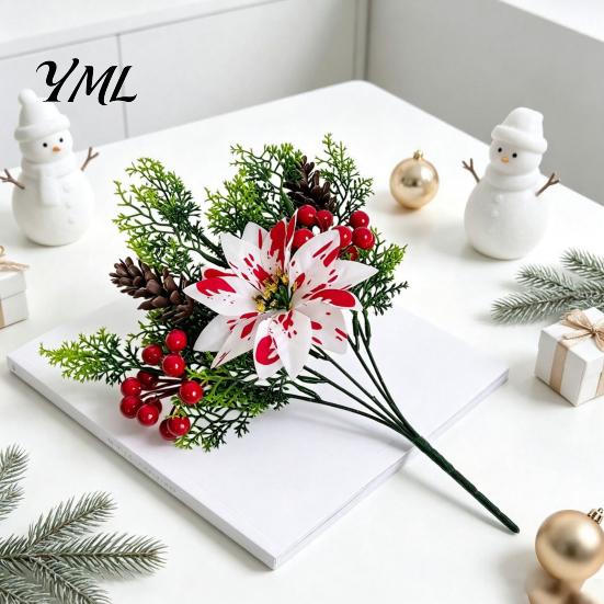 Home Interior Floral Accents 5 Heads Artificial Poinsettia Flowers, Christmas Fake Pine Berry Decoration, Flowers Fade-Resistant Red And White