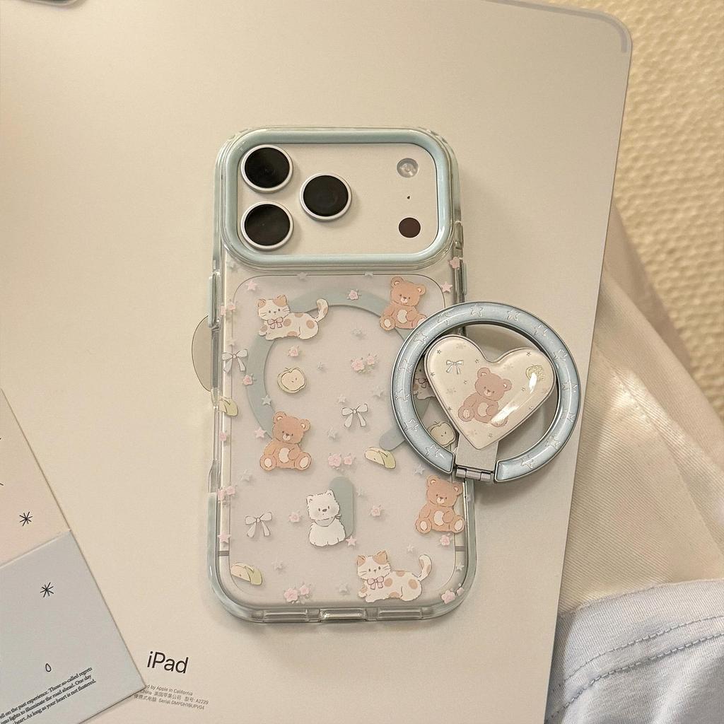 Cute Bear Magnetic Heart-Shaped Phone Case for iPhone 16, iPhone 17, and iPhone 17 Pro Max