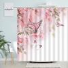 Butterfly Flowers Shower Curtains Pink Rose Blue Tulip Spring Rustic Floral Plant Nature Scenery Fabric Bathroom Decor Set Hooks