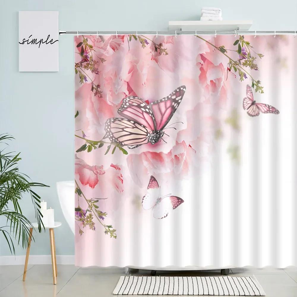 Butterfly Flowers Shower Curtains Pink Rose Blue Tulip Spring Rustic Floral Plant Nature Scenery Fabric Bathroom Decor Set Hooks