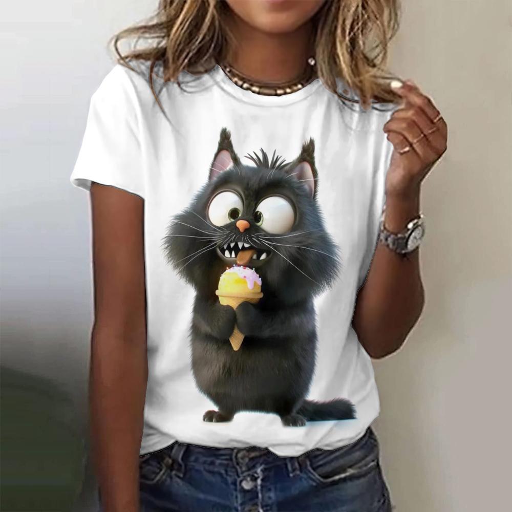 Summer Clothing 3D Printed Small Black Cat Casual Short Sleeved Women's T-shirt
