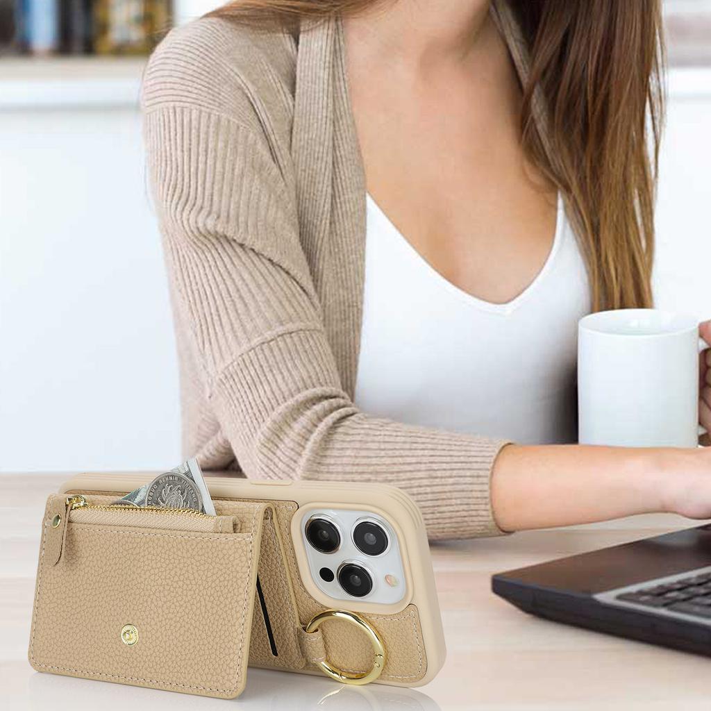 Applicable to iPhone16 mobile phone case 15Pro lychee pattern zipper change bag insert card ring buckle 14plus card bag