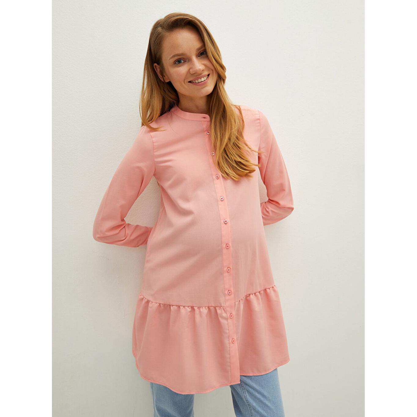 

Туника для беременных из поплина с классическим воротником и длинными рукавами розового цвета