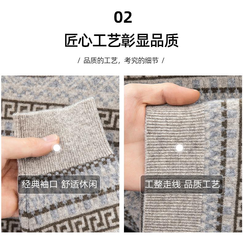 [15% Yak Fleece] Autumn and Winter Retro Round Neck Jacquard Men's Woolen Sweater for Warmth and Contrast Color Inner Coat
