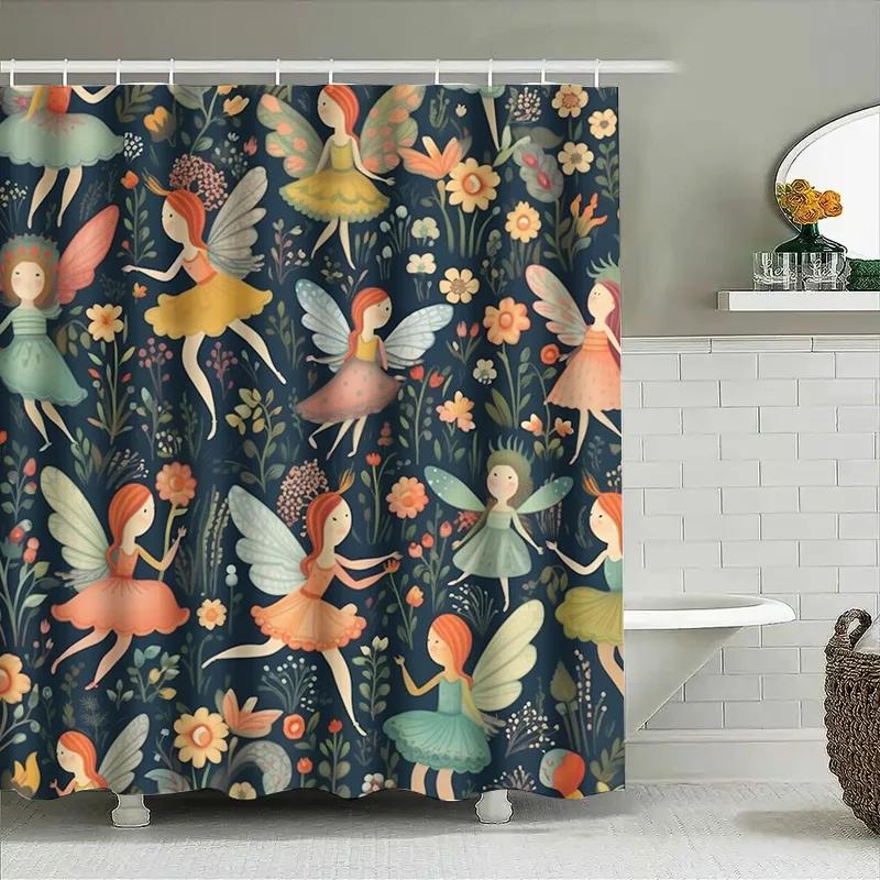 Whimsical Fairy Garden Shower Curtain Colorful Floral Design for Bathroom Decor Extra Long Waterproof Fabric with Hooks Incl