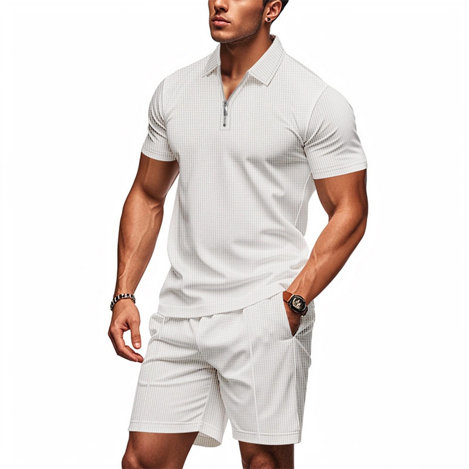 

Мужской летний однотонный комплект из топа и шорт с коротким рукавом и застежкой-молнией, мужской свободный спортивный и повседневный комплект из топа и шорт XL белый