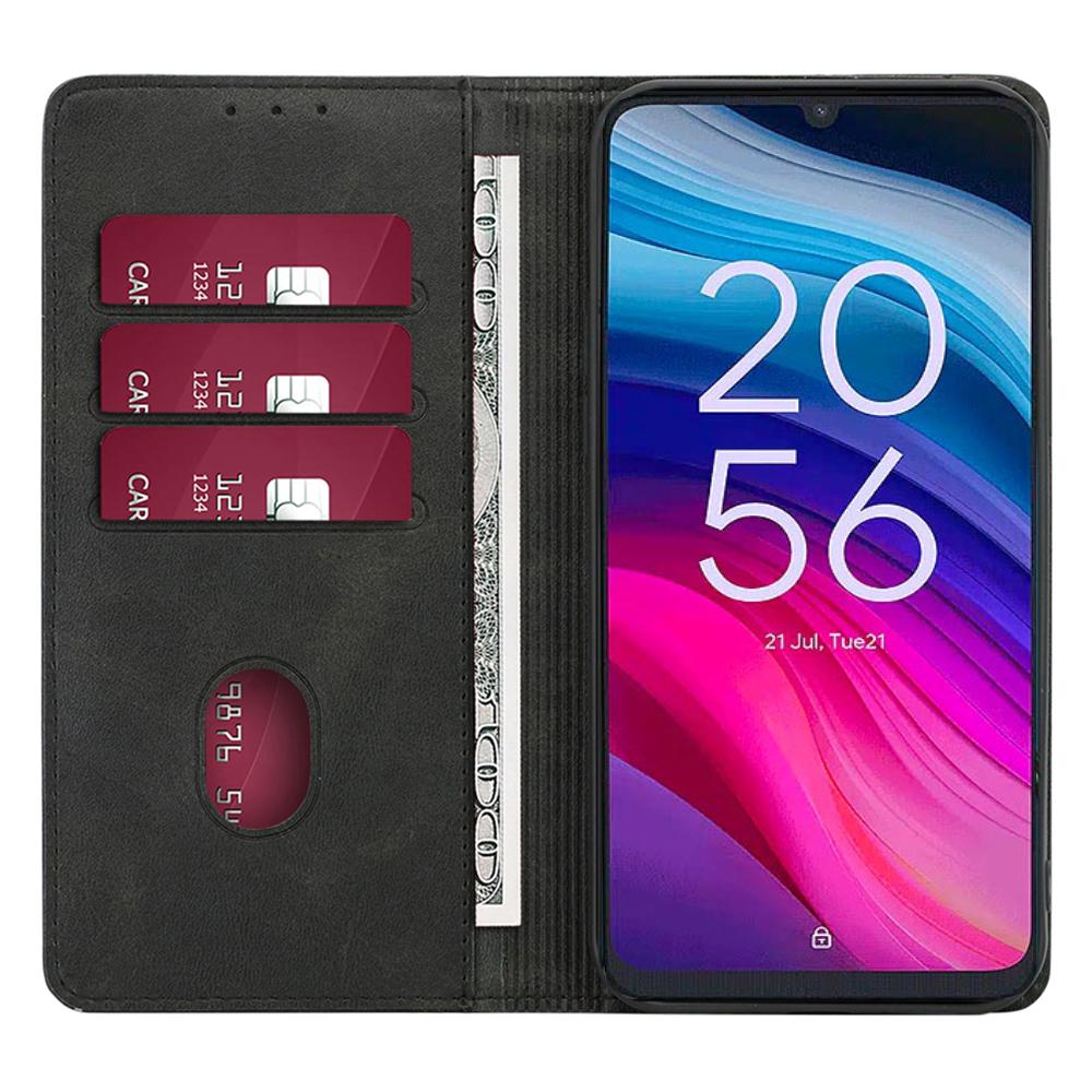 

For TCL 505 Case Card Holder Calf Texture Bump Proof Phone Stand Cover Black