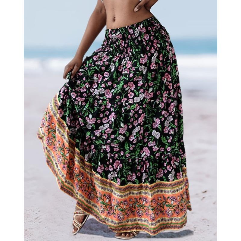 summer high waist elastic waist loose printed long skirt skirt women