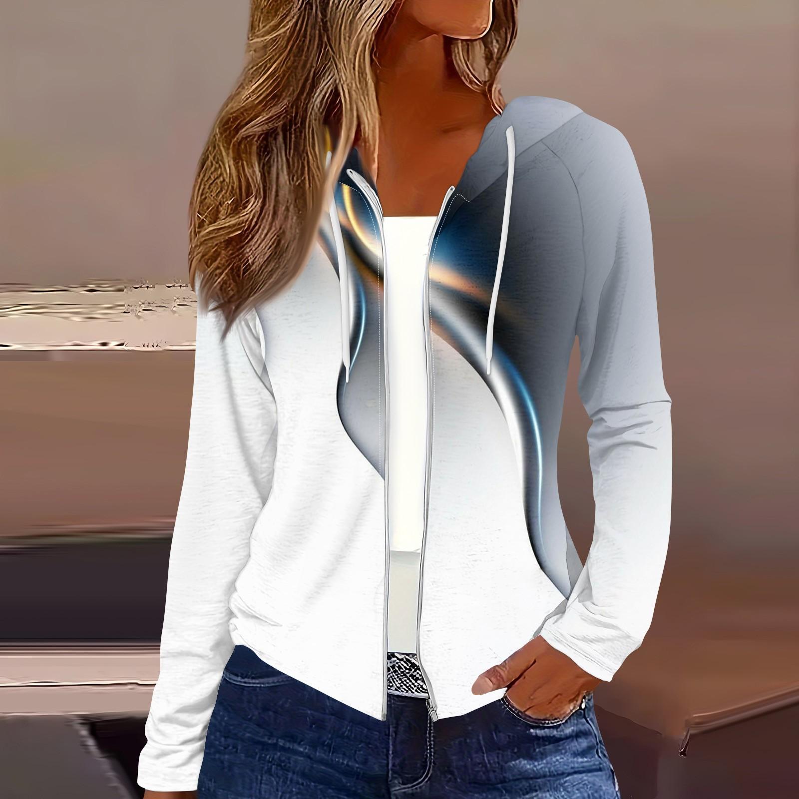 

Женская мода повседневная застежка-молния с капюшоном и принтом с длинным рукавом толстовки пальто XL светло-серый