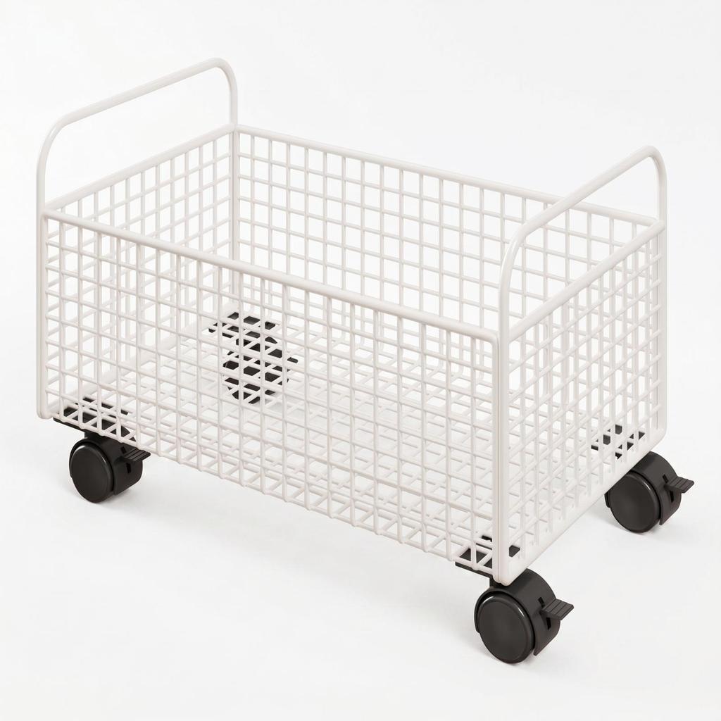 Mobile book trolley, open wire mesh storage trolley with handles, furniture