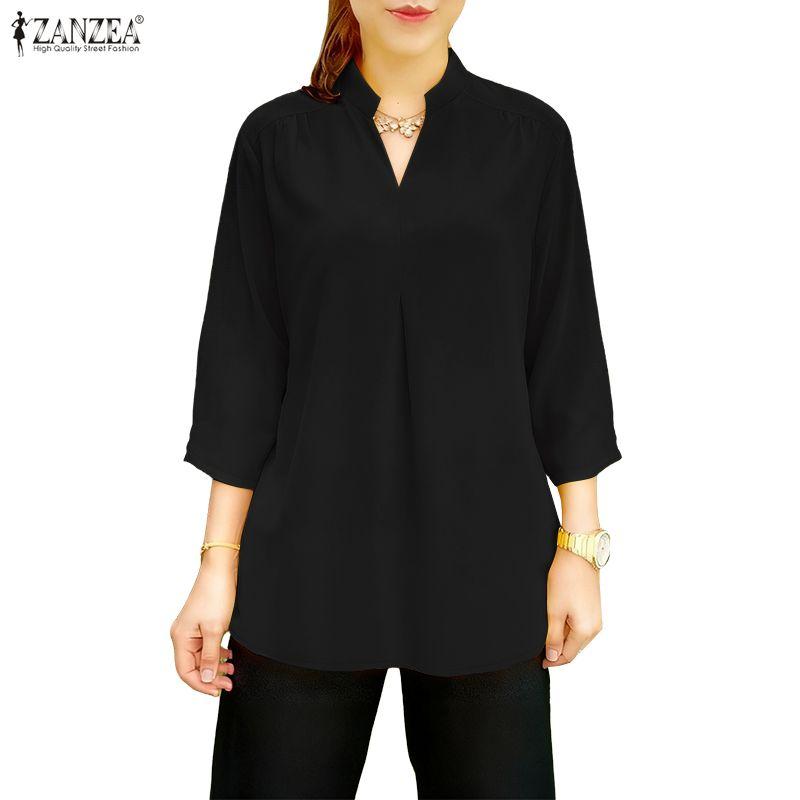 ZANZEA Damen Lockerer V-Ausschnitt 3/4-Ärmel Einfarbig Lässige Bluse